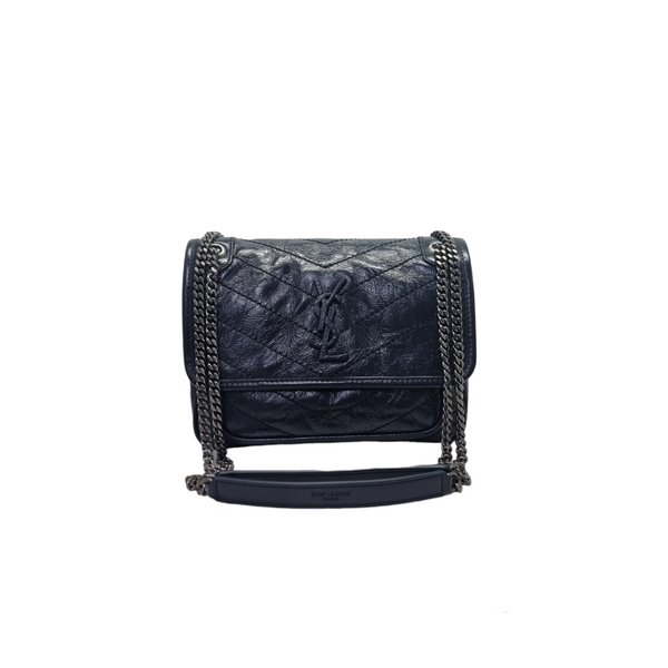 YSL Niki Baby Vintage Calf Leather Crossbody Brushed Palladium Hw ( Dark Blue)