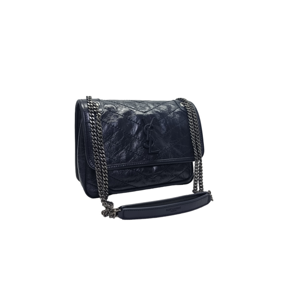 YSL Niki Baby Vintage Calf Leather Crossbody Brushed Palladium Hw ( Dark Blue)