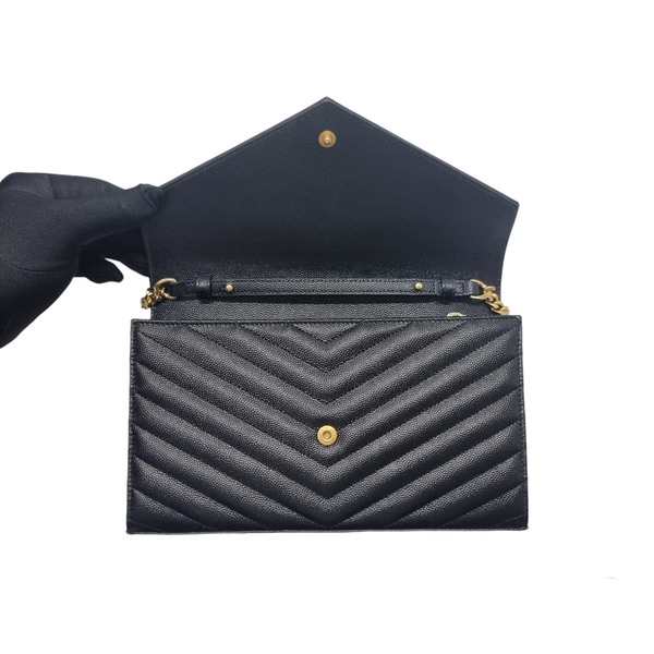 YSL Wallet On Chain Large Envelope Classic Cassandre Leather Ghw (Black)