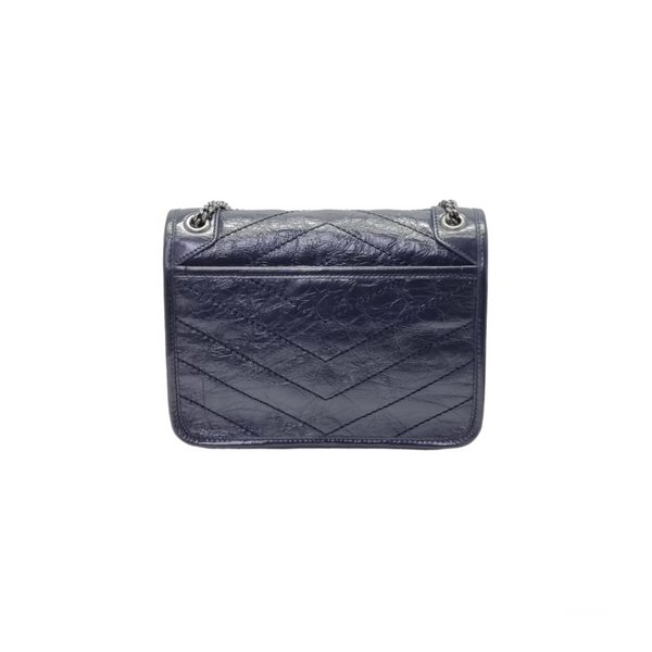 YSL Niki Baby Vintage Calf Leather Crossbody Brushed Palladium Hw ( Dark Blue)