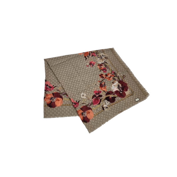 Gucci GG Pattern Shawl With Printed Floral (Beige/Red)