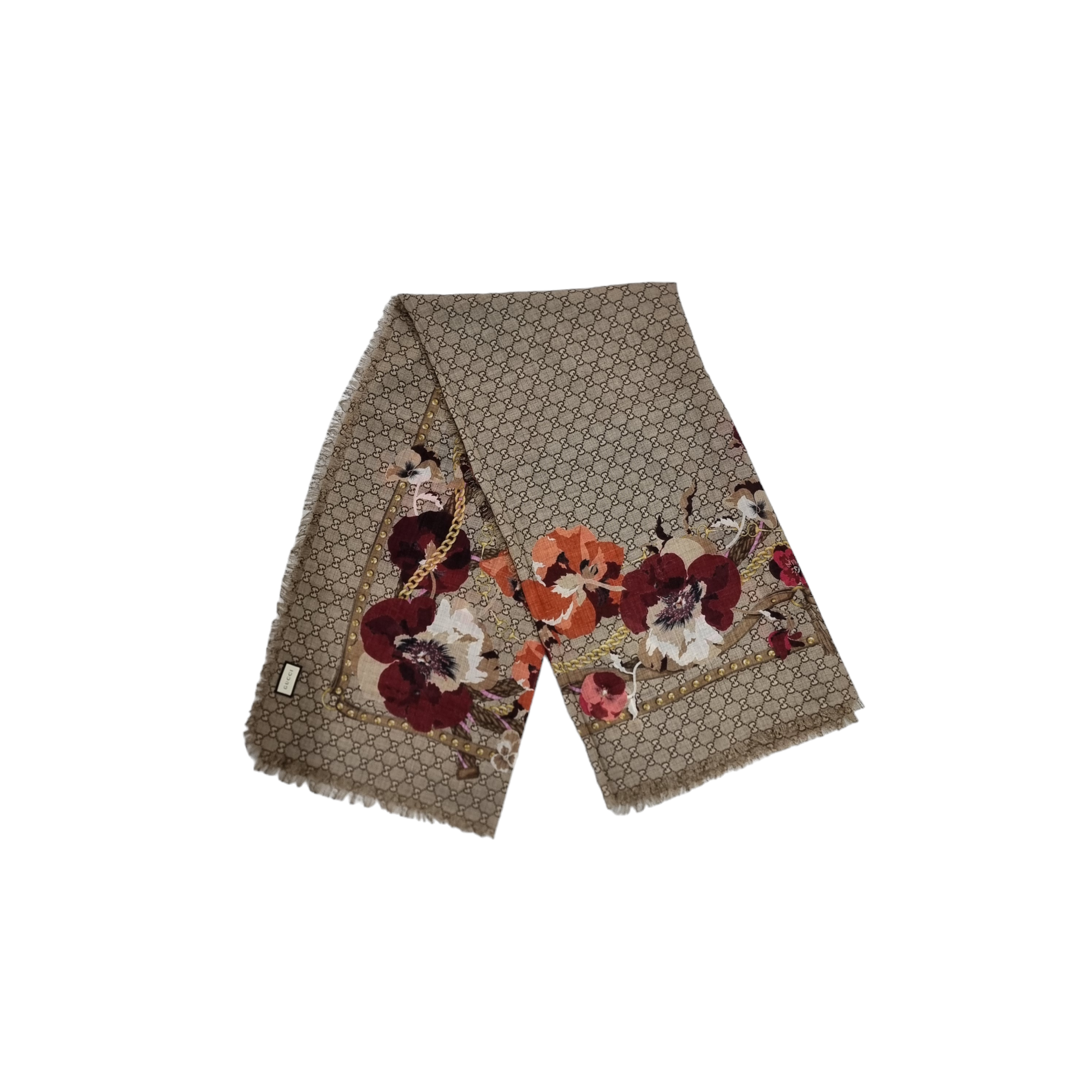 Gucci GG Pattern Shawl With Printed Floral (Beige/Red)