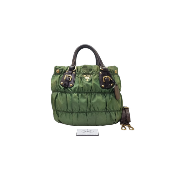 Prada BN1792 Gaufre Nylon Tote Ghw (Fumo/Green)