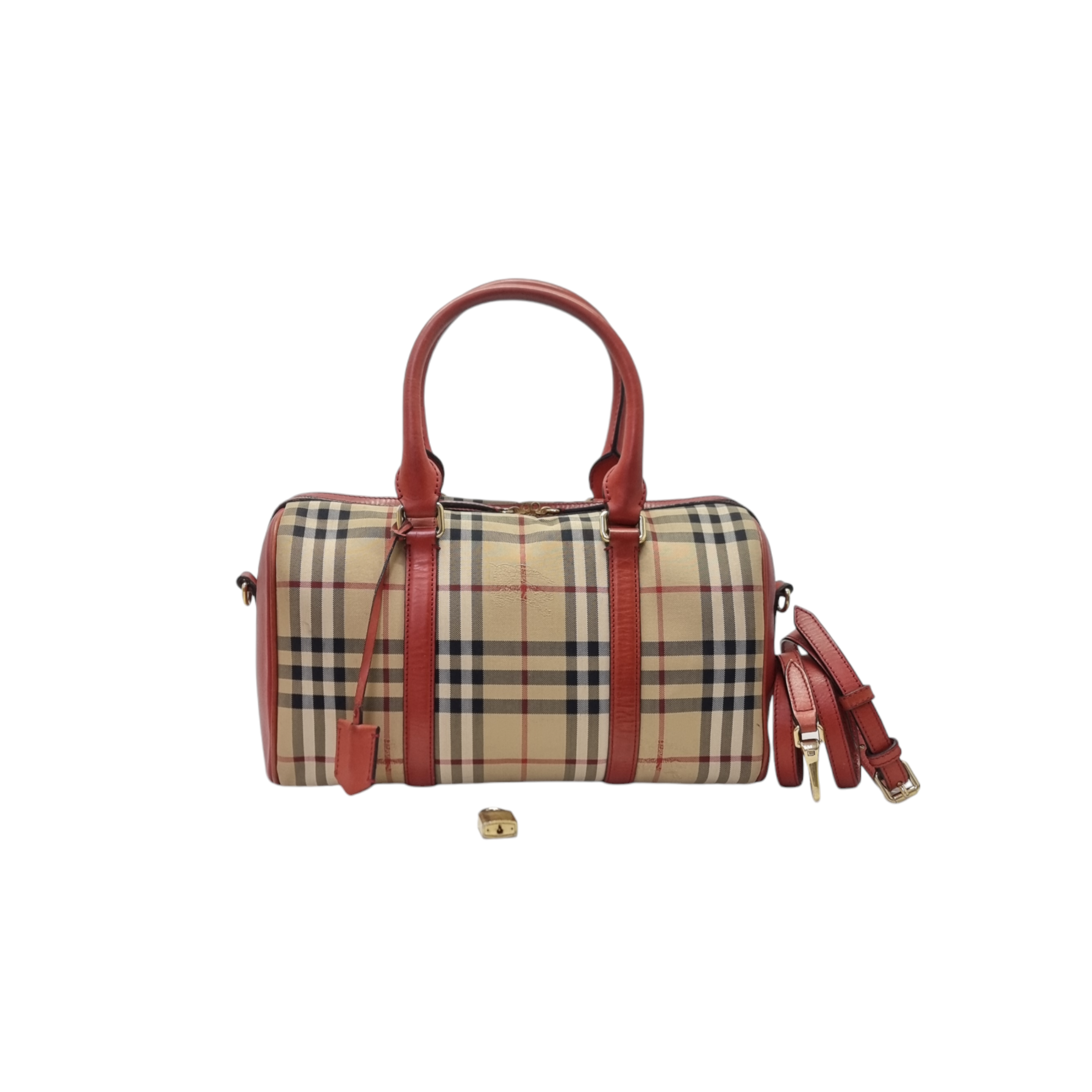 Burberry Alchester Medium Horseferry Check Canvas Boston Bag Ghw (Red)