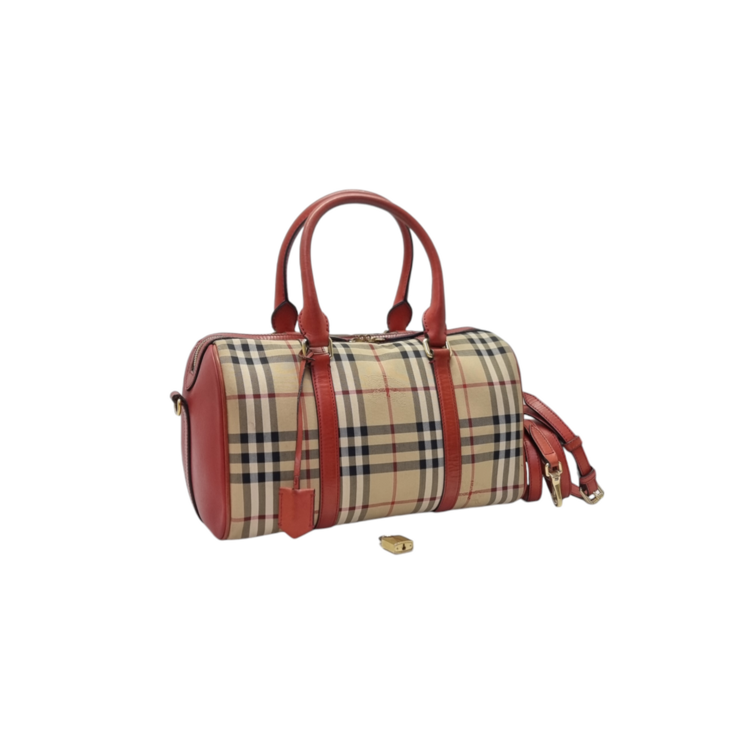 Burberry Alchester Medium Horseferry Check Canvas Boston Bag Ghw (Red)