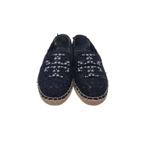 Tory Burch Pearl Logo Flat Espadrilles Willa Tweed (Black)