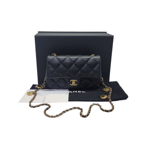 Chanel 22B Small Flap Bag with Heart Charms Lambskin Aged Gold Hw (Black)