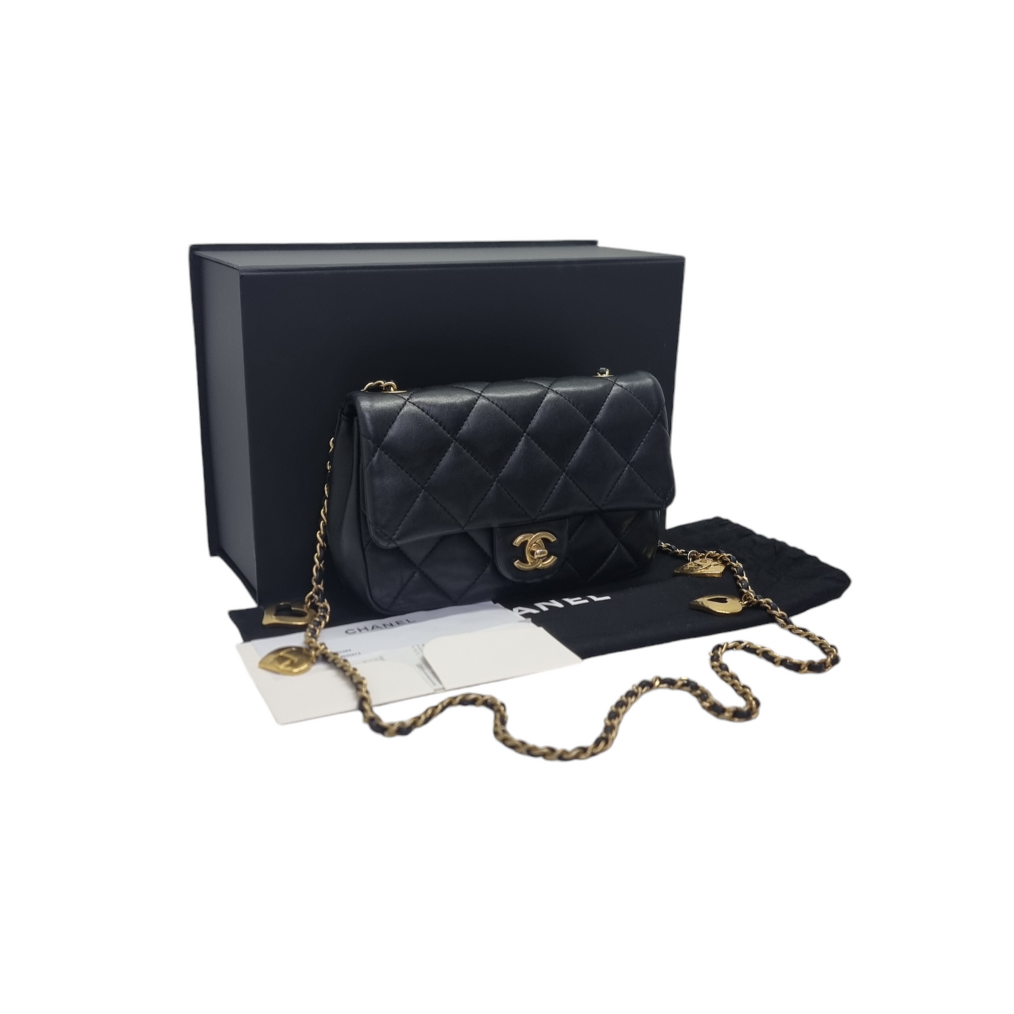 Chanel 22B Small Flap Bag with Heart Charms Lambskin Aged Gold Hw (Black)