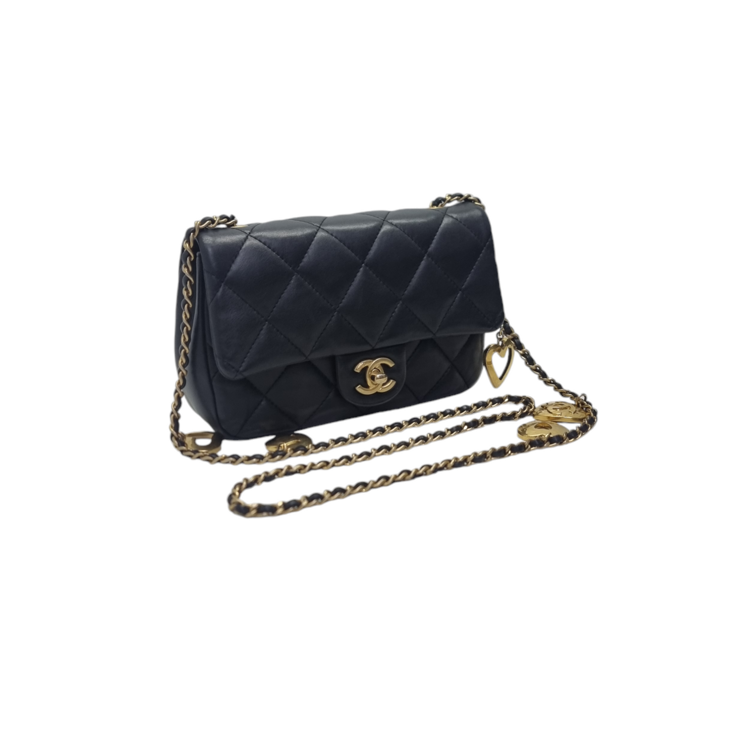 Chanel 22B Small Flap Bag with Heart Charms Lambskin Aged Gold Hw (Black)