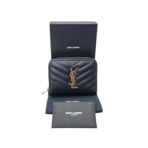 YSL Compact Zip Around Grain Leather Wallet Ghw (Black)