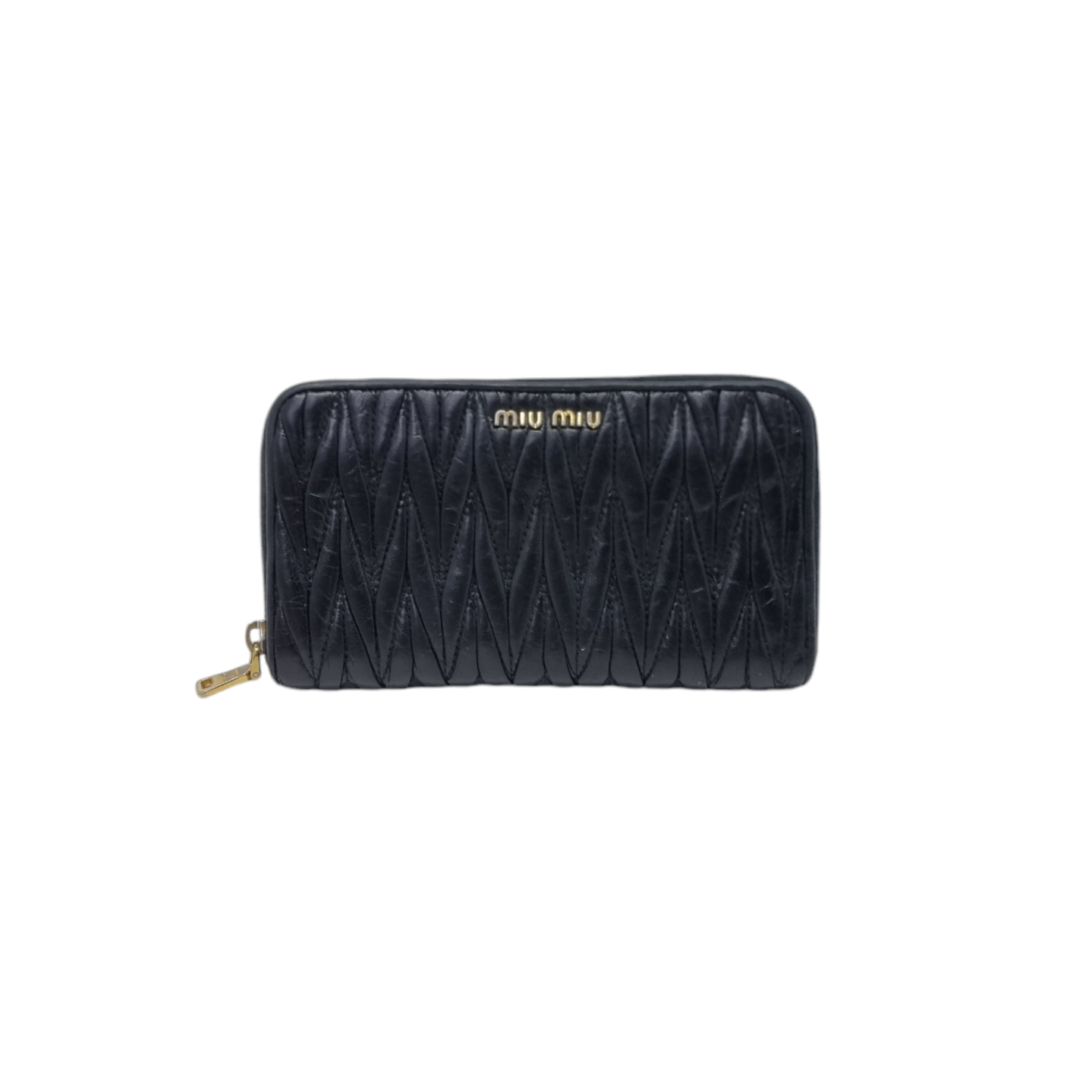 Miu Miu Matelasse Lux Leather Zippy Wallet Ghw (Black)