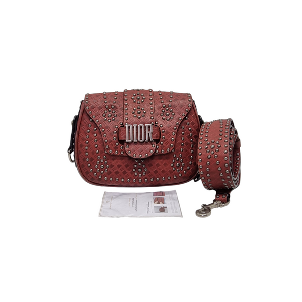 Christian Dior Studded D-Fence Leather Crossbody Shw (Burgundy)