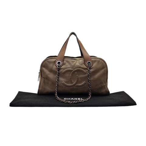 Chanel Mix Timeless Calfskin Leather & Quilted Glazed Bowler Bag Aged Silver Hw (Brown)