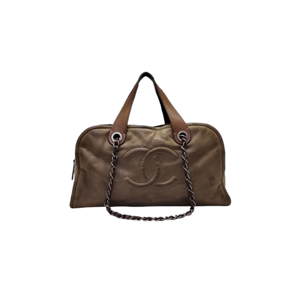 Chanel Mix Timeless Calfskin Leather & Quilted Glazed Bowler Bag Aged Silver Hw (Brown)