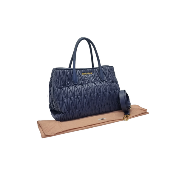 Miu Miu Matelasse Leather Tote Bag Ghw (Navy Blue)