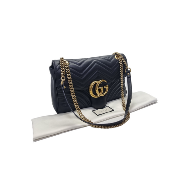 Gucci GG Marmont Medium Matelasse Chevron Leather Sling Bag Ghw (Black)