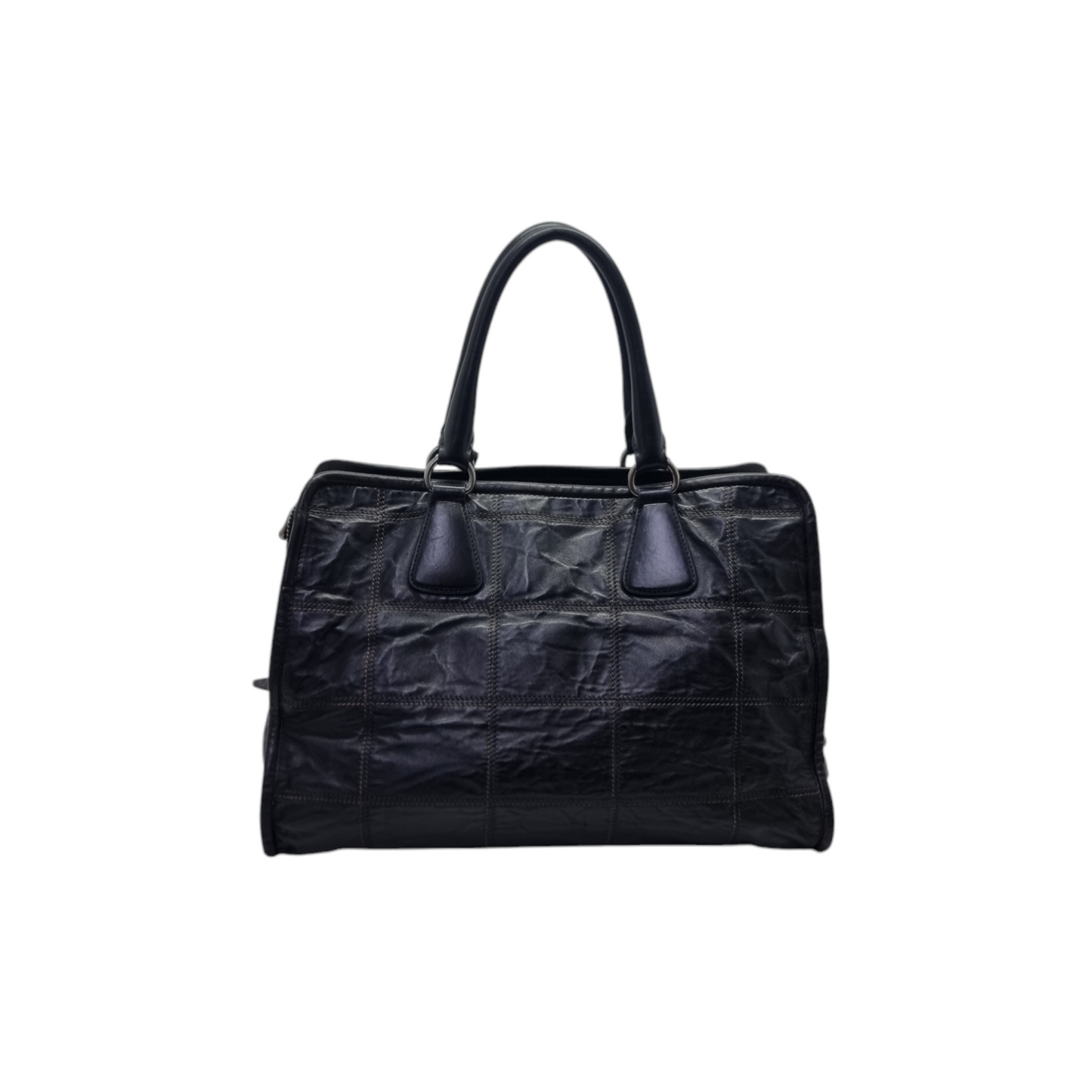 Prada BR3107 Vintage Bauletto Double Stitch Leather Tote Bag Shw (Black)