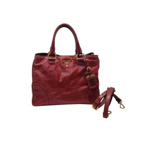 Prada BN2533 Shine Leather Tote Bag Ghw (Red)