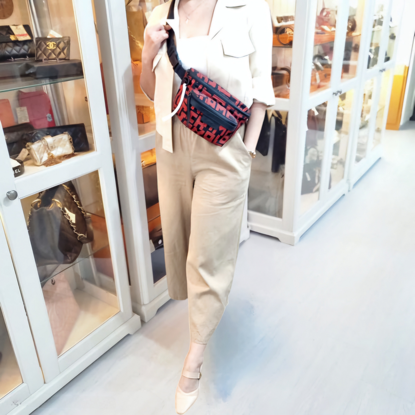 Longchamp Bumbag LPG Canvas Cowhide Leather (Red/Black)