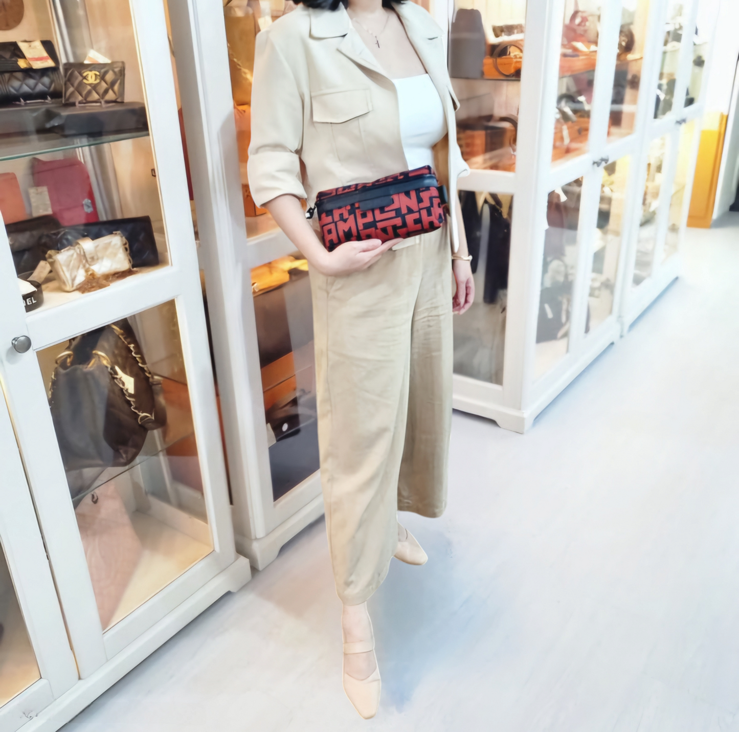 Longchamp Pouch LGP Polyamide Canvas Leather Trim (Red/Black)