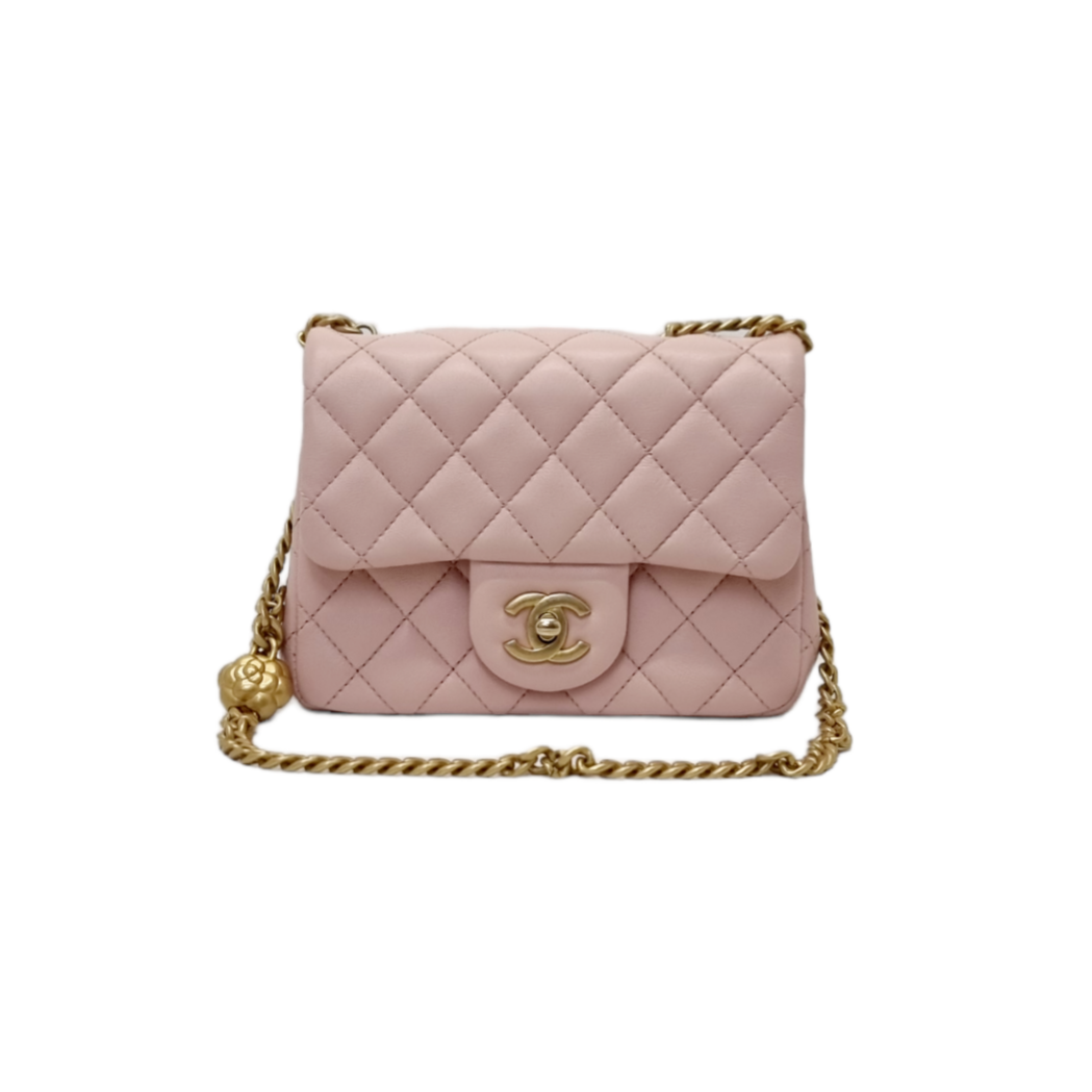 Chanel Classic Mini Flap With Camellia Adjustable Crush Ball Chain Lambskin Ghw (Rose Clair)