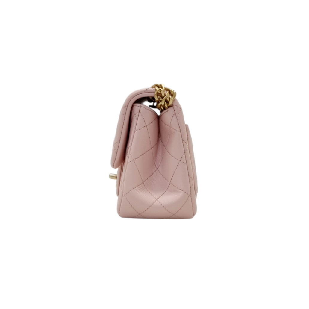 Chanel Classic Mini Flap With Camellia Adjustable Crush Ball Chain Lambskin Ghw (Rose Clair)