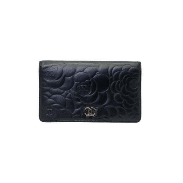 Chanel Wallet Camellia Bifold Flap Lambskin Shw (Black)