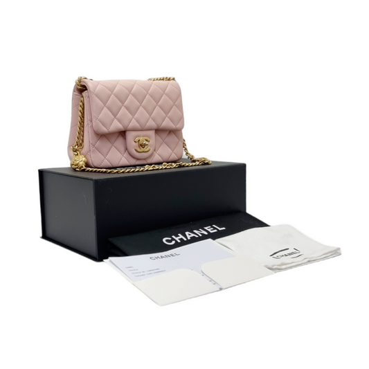 Chanel Classic Mini Flap With Camellia Adjustable Crush Ball Chain Lambskin Ghw (Rose Clair)