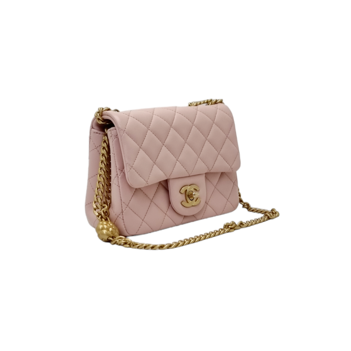 Chanel Classic Mini Flap With Camellia Adjustable Crush Ball Chain Lambskin Ghw (Rose Clair)