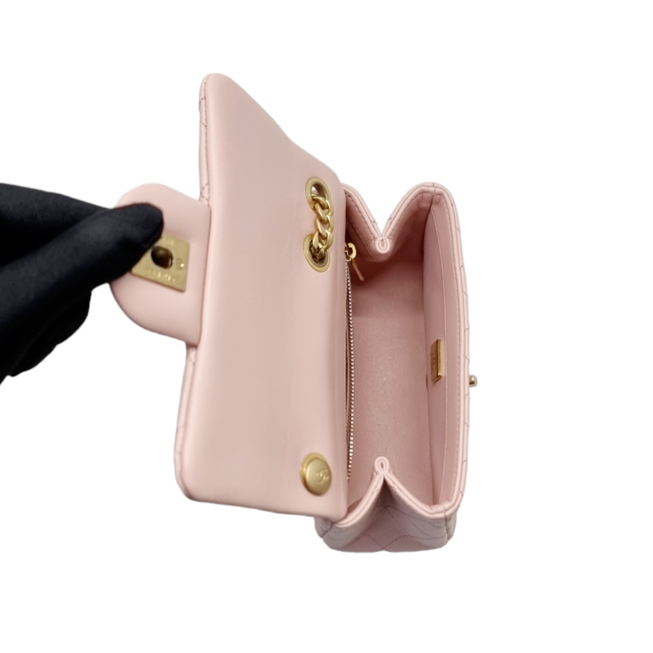 Chanel Classic Mini Flap With Camellia Adjustable Crush Ball Chain Lambskin Ghw (Rose Clair)