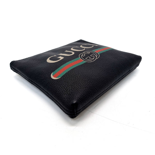 Gucci Logo Print Leather Pouch Ghw (Black)