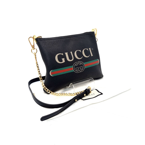 Gucci Logo Print Leather Pouch Ghw (Black)