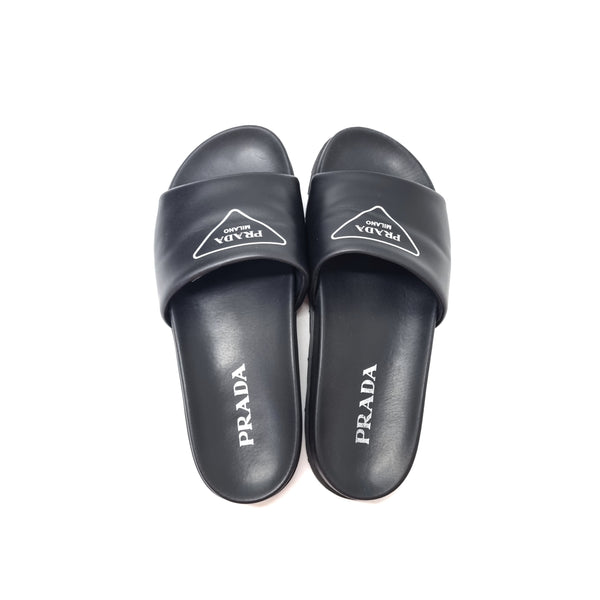 Prada Logo Slide Sandals Unisex Leather (Black)