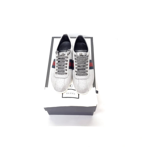 Gucci Ace Glitter Web Sneakers With Studs (Silver)