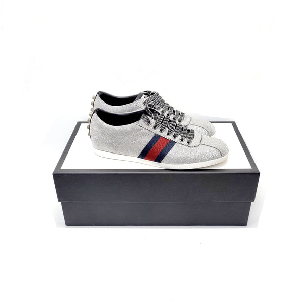 Gucci Ace Glitter Web Sneakers With Studs (Silver)