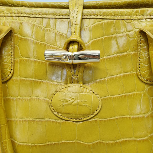 Longchamp Roseau Croc Embossed Leather Shoulder Bag Ghw (Yellow)