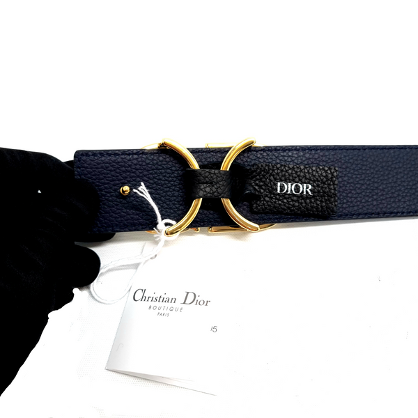 Christian Dior Men Reversible Grained Calfskin Leather Belt Ghw (Black/Navy Blue)