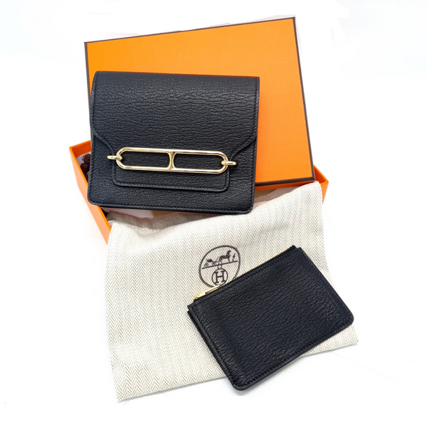 Hermes Roulis Slim Wallet Mysore Goatskin Permabrass Plated Hardware (Black)