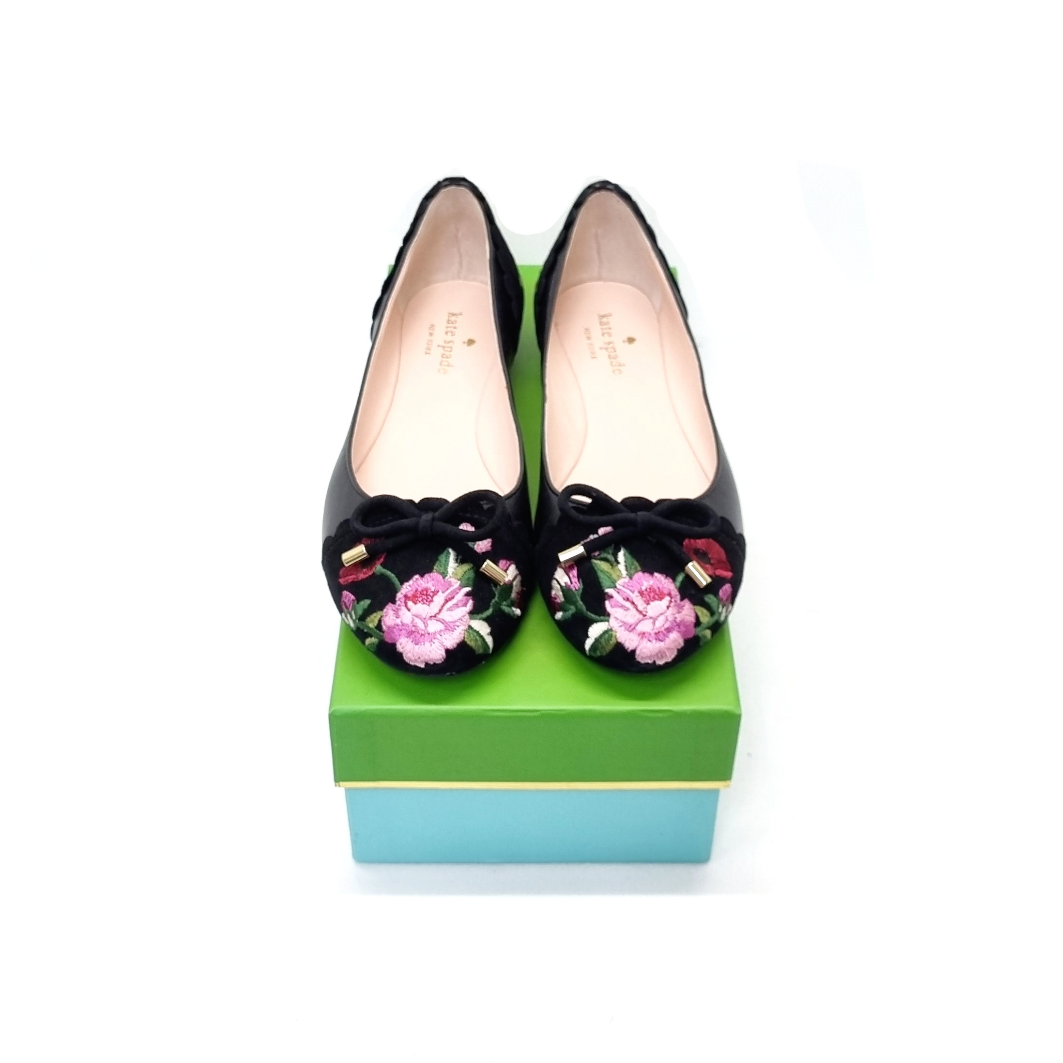 Kate Spade Wilton Embroidered Flats Kid Suede Leather Black