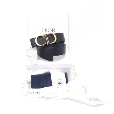 Christian Dior Men Reversible Grained Calfskin Leather Belt Ghw (Black/Navy Blue)