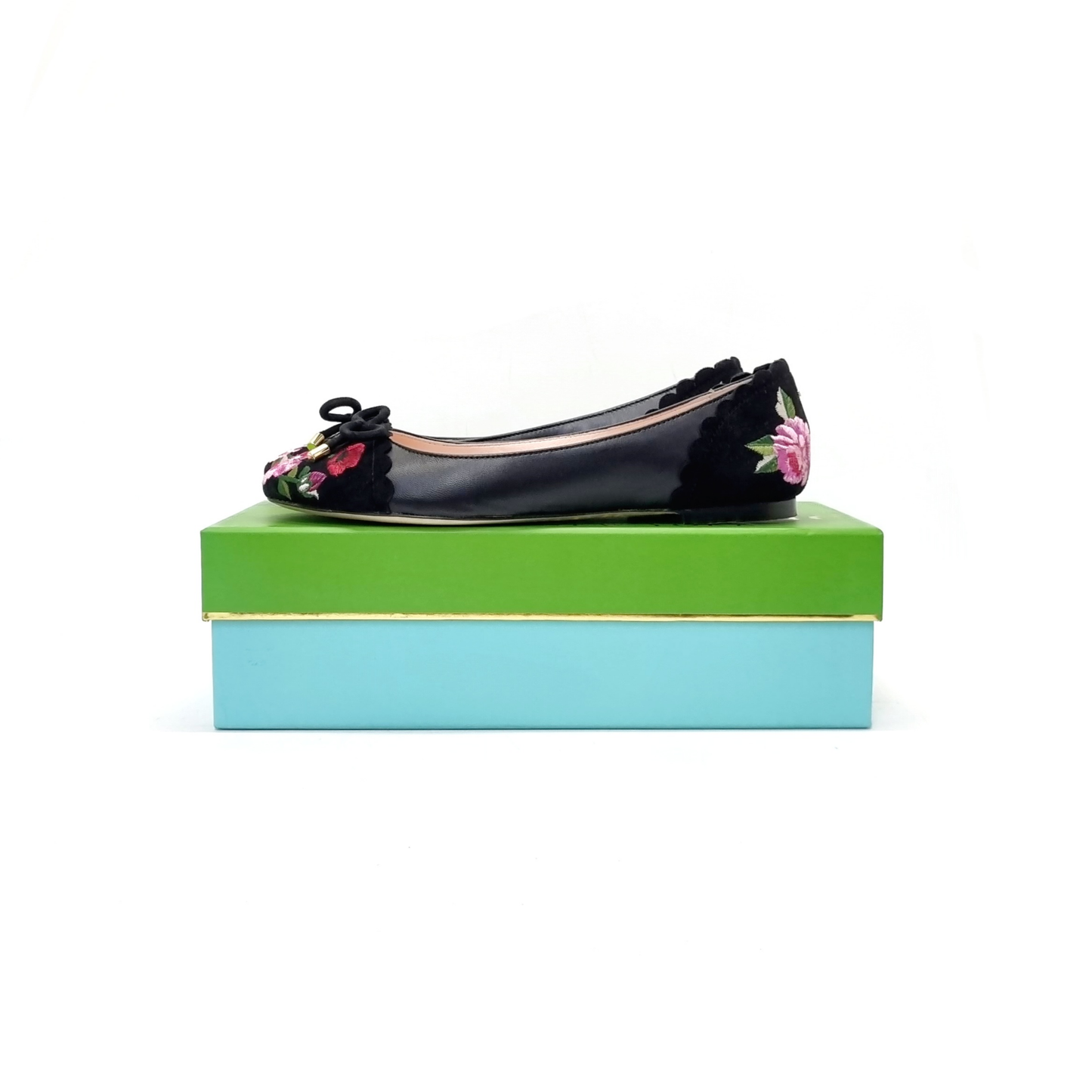 Kate Spade Wilton Embroidered Flats Kid Suede Leather Black