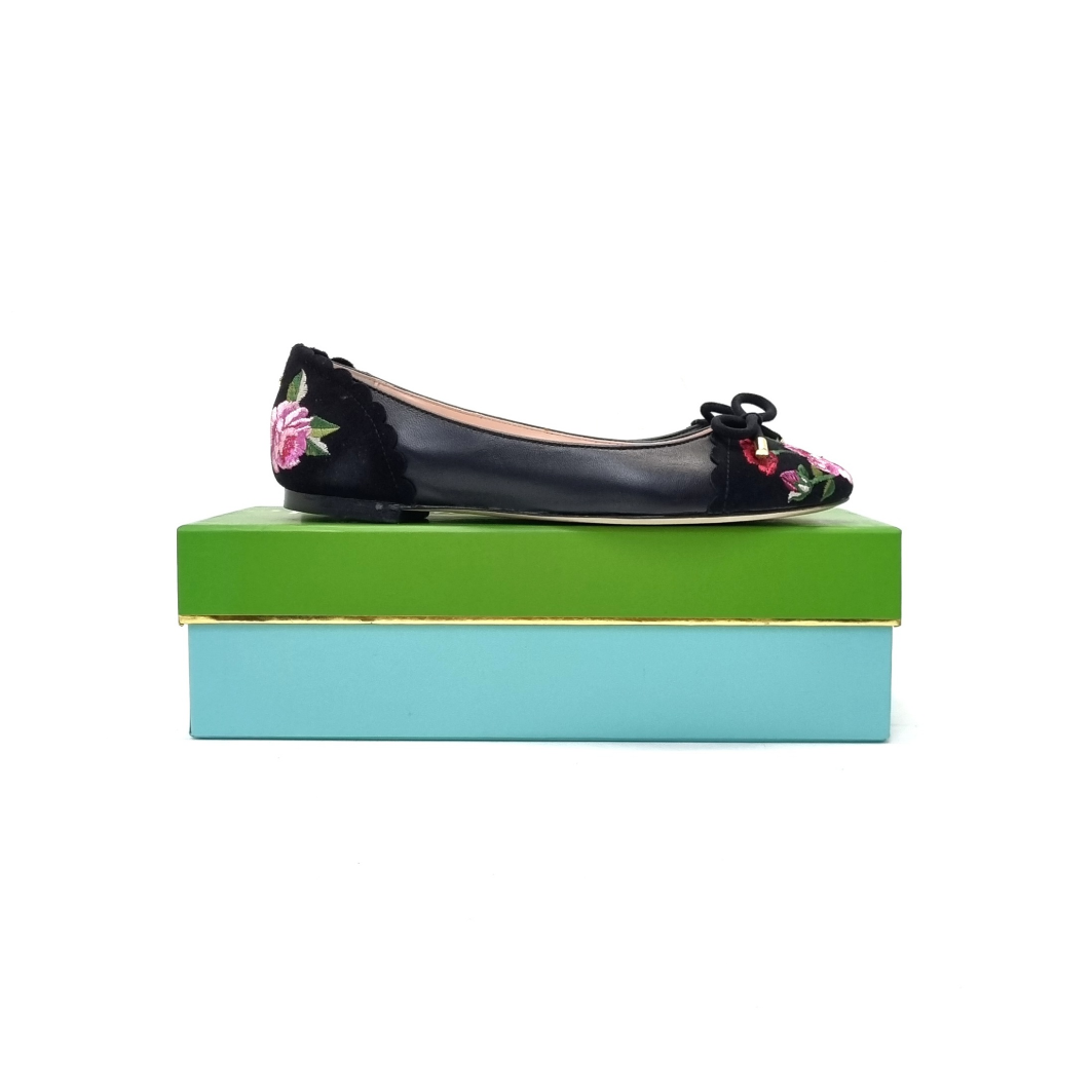 Kate Spade Wilton Embroidered Flats Kid Suede Leather Black