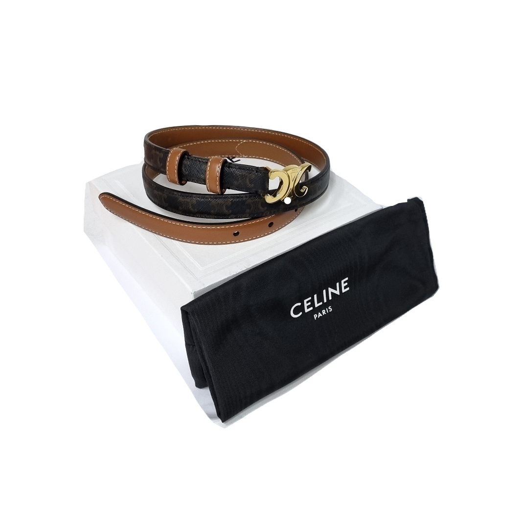 Celine Belt Triomphe Small Canvas & Leather Ghw (Tan/Brown)