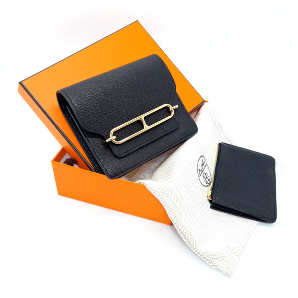 Hermes Roulis Slim Wallet Mysore Goatskin Permabrass Plated Hardware (Black)