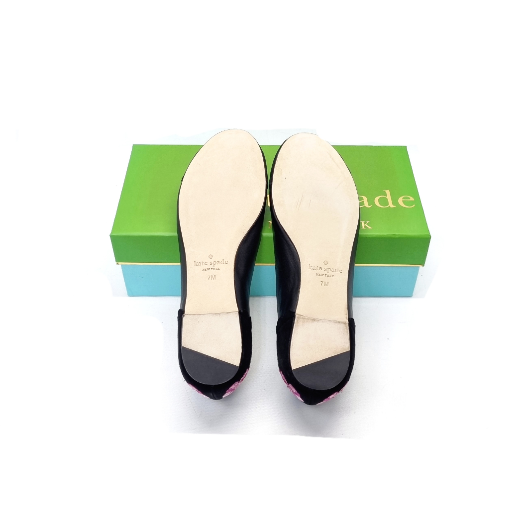 Kate Spade Wilton Embroidered Flats Kid Suede Leather Black