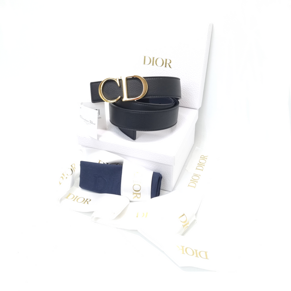 Christian Dior Men Reversible Grained Calfskin Leather Belt Ghw (Black/Navy Blue)