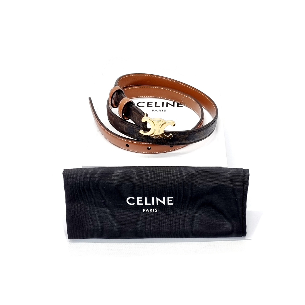 Celine Belt Triomphe Small Canvas & Leather Ghw (Tan/Brown)