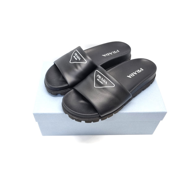 Prada Logo Slide Sandals Unisex Leather (Black)