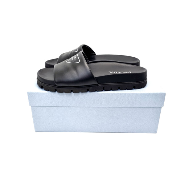 Prada Logo Slide Sandals Unisex Leather (Black)