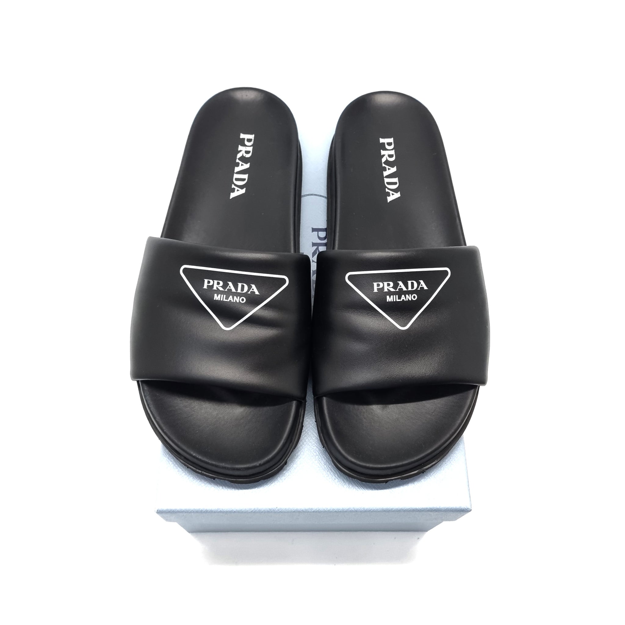 Prada Logo Slide Sandals Unisex Leather (Black)